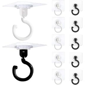 12Pcs Adhesive Ceiling Hooks Heavy Duty No Drill 360° Rotating, Swivel Utility Strong Self Sticker Wall Hook Sticky Under Cabinet for Hanging Purse Bag Small Plant Hanger, 3Inch Waterproof, BlackWhite