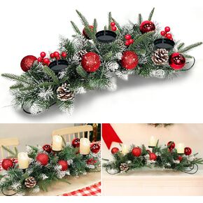 [Safety Fire Retardant] 30'' Christmas Tabletop Centerpiece with 3 Candle Holders, Metal Base Christmas Tabletop Decorations with Xmas Ball Snowy Tips Berry Pinecone Table Decor Indoor Home Decoration