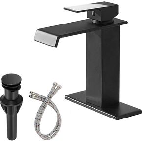 Black Waterfall Bathroom Faucet 1 Hole Deck Mount, Single Handle Bathroom Sink Faucet Modern Matte Black Lavatory Vanity Mixer Tap Commercial with Pop Up Drain