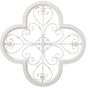 Sintosin Vintage Wrought Iron Wall Decor Living Room 21.5 Inches, Hanging Distressed White Rustic Quatrefoil Metal Scroll Wall Decor, Handmade Scalloped Wooden Frame above Bed