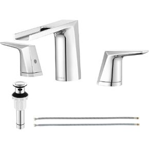 2-Handle Bathroom Sink Faucet, Widespread Waterfall Lavatory Faucet with Pop-up Drain Assembly & Faucet Supply Lines, Brushed Nickel, 1431202
