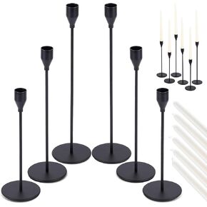 Candlestick Holders | French Gold | Set of 6 | Metal with Chrome Finish | 3 Different Sizes | Taper Candles Included | Decorative Centerpiece for Wedding, Christmas, Fireplace Mantel, Dining Table
