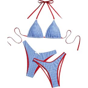 Women's Y2K 3 Piece Bikini Sets Gingham Tie Halter Triangle Set High Waisted Bathing Suit Bow Beachwear Swimsuit