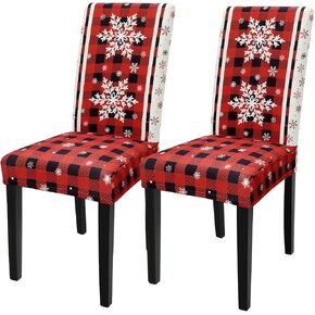 4PCS Christmas Red Buffalo Plaid Chair Covers Stretch Washable Back Chair Cover Xmas Snowflake Removable Slipcover Chair Protector for Dining Room Kitchen Holiday Home Decor