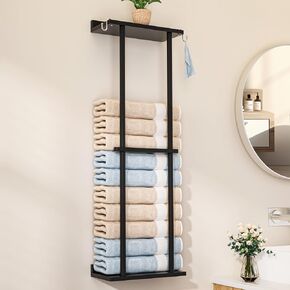 Bamboo Towel Rack for Bathroom with 2 Hooks, 32.7 inch with Shelf Wall Mounted Towel Storage Organizer, Large Capacity Towel Holder for Bathe Towels and Hand Towels (Natural)