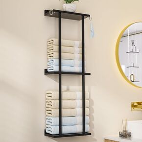 Towel Rack Bamboo for Bathroom, 3 Tier 32.7 inch with 2 Hooks and Shelf Wall Mounted Towel Storage Organizer Shelf, Large Capacity Towel Holder (Natural)