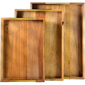 Set of 3 Decorative Serving Trays - Acacia Wood + Golden Steel Handles - Coffee Table or Ottoman Tray for Breakfast in Bed Jewelry, Decor Organization