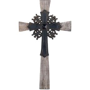 Dicksons Antiqued Intricate Double Layer 15 Inch Wood and Metal Decorative Hanging Wall Cross
