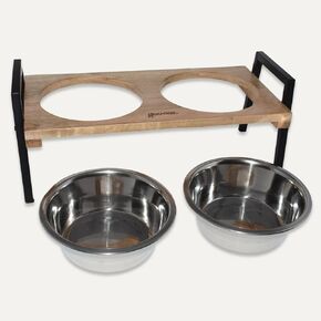 Double Bowl Mango Wood Feeder
