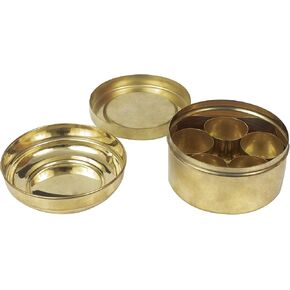 Brass Box Pooja | Puja | Roli | Chawal | Chandan | Haldi | Kumkum Puja Box | Sindoor | Turmeric | Dabbi | Dibbi | Dhani | Dani Lid Holder with 5 Containers-5 in 1 Box, Medium, Gold