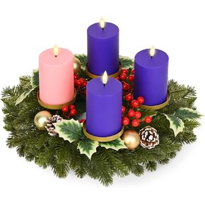 Waipfaru 6 Pcs Christmas Advent Wreath Advent Candle Holder with 5 Flameless Simulated Candles, 12 Inch Advent Wreath and Candles Set, Christmas Centerpiece Decorations for Table Indoor Home Church