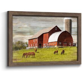 Farmhouse Wood Wall Art Framed: Rustic Landscape Picture Old Country Barn Painting Decor Countryside Farm Animal Landscape Artwork for Bedroom Living Room
