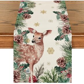 Artoid Mode Reindeer Pine Cone Leaves Christmas Table Runner, Seasonal Winter Floral Kitchen Dining Table Decor for Home Party 13x72 Inch