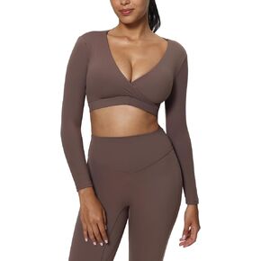 Aoxjox Long Sleeve Crop Tops for Women Deep V Half Cutout Workout Crop T Shirt Top
