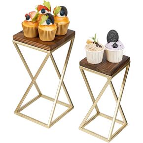 MyGift Dessert Riser Stands, Modern Twisting Geometric Brass Tone Metal and Solid Wood Pedestal Racks for Food, Merchandise, Desserts, 2 Piece Set