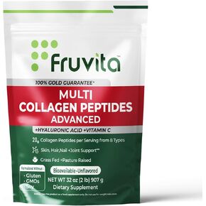 Multi Collagen Peptides Powder Advanced, 2 Pounds – 8 Types of Collagen peptides with Hyaluronic Acid, Vitamin C – Unflavored – Non-GMO – Promotes Hair, Skin, Nail, Joint & Bone Health