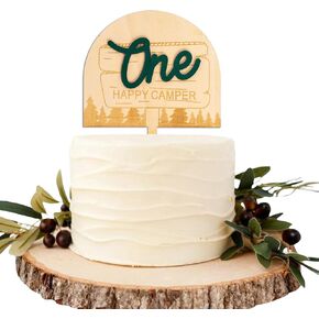 One Happy Camper Cake Topper - Camping Theme Wooden Cake Topper, First Birthday Cake Decoration for Baby Shower, 1st Birthday Party, Anniversary, Baby Photo Booth Props...