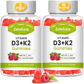 Vitamin D3 K2 Gummies for Adults, Vitamin D3 5000 IU & K2 (MK7) 120mcg, Sugar-Free D3 K2 Supplements with Vitamin B6, C & Zinc, Support Bone, Teeth, Muscle & Immunity, 60 Count