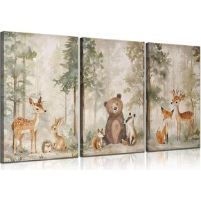 MIZILI 3Pcs Woodland Animal Nursery Canvas wall art Wild Animals Forest Paintings Pictures Wall Decor Fox Bear Deer Watercolor Poster Printing Artwork for Boys Room Girls Room Home Decoration