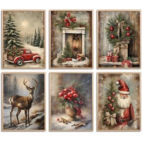 Thcbme Christmas Wall Art Decor Bedroom Wall Art Posters 6 Pieces Christmas Art Prints Farmhouse Reindeer Painting Decor for Living Room Bedroom Office Home Decor 8 x 10 Inch Unframed