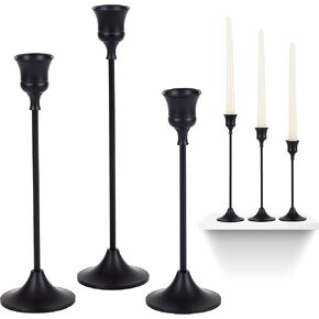 Black Candlestick Holders | Set of 6 | Metal with Matte Finish | 3 Different Sizes | Taper Candles Included | Decorative Centerpiece for Wedding, Christmas, Fireplace Mantel, Dining Table