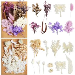 Dried Flowers, Kaluofan Natural Dried Flowers for Craft, 2 Set Real Dried Flowers Mixed, Dried Flowers for Vase Resin Aromatherapy Bottle, Cards Gift Wrapping DIY Crafts Making (Purple and White)