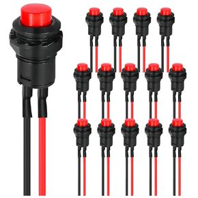15Pcs Self-Locking Switch 12mm Green Mini Latching Push Button Switch ON Off AC 250V/1.5A 125V/3A Micro Round Push Button Switch 2Pin 12V with Pre-Wired Wires for PC Table Lamp DIY Model