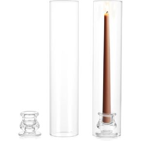 NUPTIO Candlestick Holder Bulk for Centerpiece: Set of 10 Hurricane Glass Taper Candles Holder - Clear Candle Stick Stand with 12 inch Tall Cylinder Shade for Wedding Party Decor