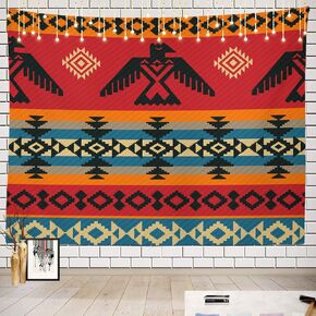 Batmerry Ethnic Geometric Tribal Tapestry, Native American Navajo Tribal Design Print Picnic Mat Hippie Trippy Tapestry Wall Art Decor for Bedroom Living Room, 51.2 x 59.1 Inches, Geometric
