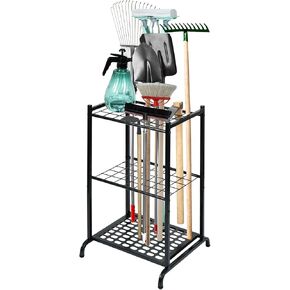 Garden Tool Organizer with Wheels, Heavy Duty Steel Tool Rack with 6 Hooks, Tool Storage Holds Up to 35 Long Handled Yard Tools for Garage, Shed, Basement (M-Wheels)