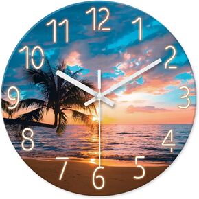 XFM Blue Coastal Wall Clocks for Living Room - Beach Wall Clock Silent Non-Ticking - Glass Palm Clock Battery Operated 14 Inch