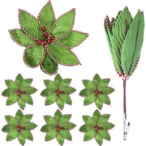 6 Pcs Green Peppermint Edge Christmas Poinsettia Stem 10.24 x 3.94 Inch Silk Velvet Artificial Poinsettia Flowers Fake Poinsettia Blooms for Christmas Trees and Holiday Decorations