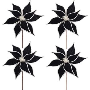 4 Pack Black Christmas Flower with Stem 11inch Black Artificial Poinsettia Flower Picks for Christmas Tree Ornament Xmas Wreath Wedding Holiday Floral Party Photo Prop Supplies