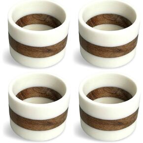 Stripe Design - 2 Inch Brown/White Resin and Wood Round Napkin Rings; Set of 4
