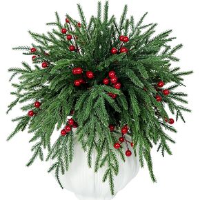 Set of 40 Artificial Norfolk Pine Branches with Red Berry 12.8" Christmas Greenery Picks Norfolk Pine Stems Fake Pine Tree Needle Sprigs for Vase Filler DIY Craft Garland Home Decorations (Frost)