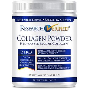 Research Verified® Collagen Powder - Hydrolyzed Marine Collagen - Unflavored - Skin Hydration and Elasticity, Joint Function, Muscle Recovery, Non GMO - 30 Scoops Per Container - 1 Month Supply