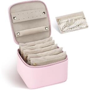 DesignSter Small Jewelry Box, Travel Small Jewelry Organizer with Earring Tray and Ring Holder,Square Travel Jewelry Storage Case with 6 Velvet Jewelry Pouches, Pink