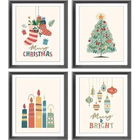 AEHIE Christmas Wall Art,Christmas Pictures Wall Decor,Merry Christmas Bright Candle Pine Tree Poster Prints for Home Room Decor,Winter Christmas Themed Decorations Wall Art Unframed 4pcs 8x10inches