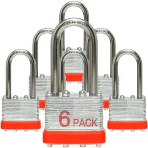 Locks Laminated Steel Keyed Padlocks Keyed Alike Locks Bulk, Long Shackle Padlocks, Pack of 6 for Hasp Latch, Sheds, Fences, Storage Locker, School, Gym…