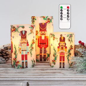 Nutcracker Christmas Flameless Candles Battery Operated Flickering LED Candles with Remote Timer, Real Wax Pillar Candles for Holiday Party Home Decoration Christmas Gifts, Set of 3
