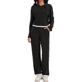 Womens 2 Piece Outfits Casual Lounge Sets Ribbed Sweater Hoodie Wide Leg Pants Set Tracksuit Trendy