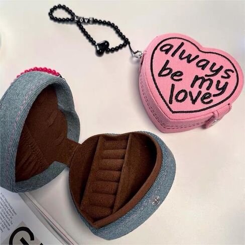 Jewelry Holder Organizer Travel Jewelry Case Necklace Earring Organizer, Small Travel Size Heart Shaped Box Portable Denim Jewelry Box Gifts for Teen Girls Women (Blue) in Saudi Arabia