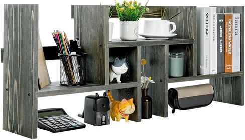 MyGift Adjustable Desktop Shelf, Deluxe Rustic Burnt Solid Wood Stackable Multilevel Bookshelf Organizer Stand, Home or Office Desk Storage Shelving Rack in Kuwait