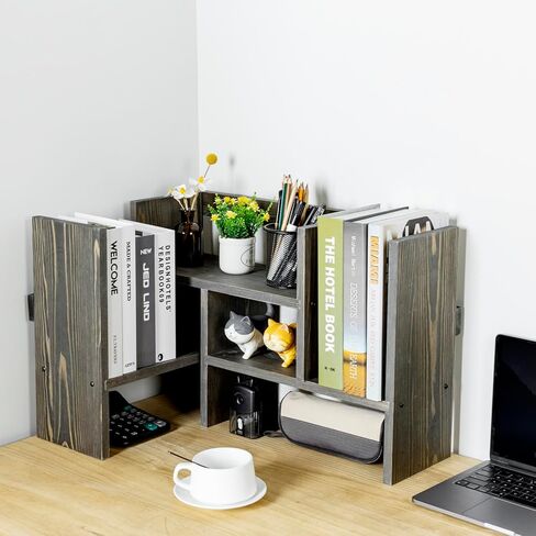 MyGift Adjustable Desktop Shelf, Deluxe Rustic Burnt Solid Wood Stackable Multilevel Bookshelf Organizer Stand, Home or Office Desk Storage Shelving Rack in Kuwait