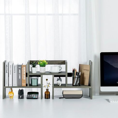 MyGift Adjustable Desktop Shelf, Deluxe Rustic Burnt Solid Wood Stackable Multilevel Bookshelf Organizer Stand, Home or Office Desk Storage Shelving Rack in Kuwait