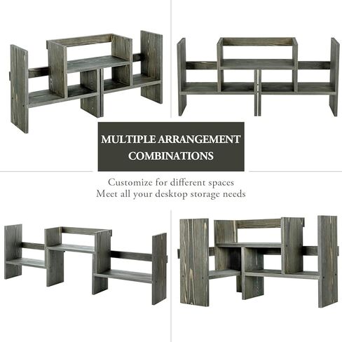 MyGift Adjustable Desktop Shelf, Deluxe Rustic Burnt Solid Wood Stackable Multilevel Bookshelf Organizer Stand, Home or Office Desk Storage Shelving Rack in Kuwait