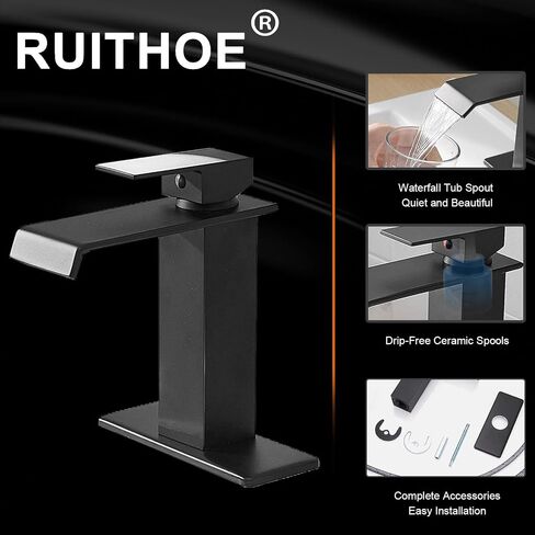 Black Waterfall Bathroom Faucet 1 Hole Deck Mount, Single Handle Bathroom Sink Faucet Modern Matte Black Lavatory Vanity Mixer Tap Commercial with Pop Up Drain in Saudi Arabia