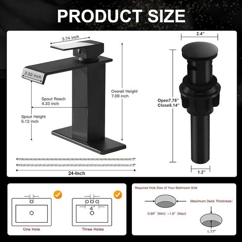 Black Waterfall Bathroom Faucet 1 Hole Deck Mount, Single Handle Bathroom Sink Faucet Modern Matte Black Lavatory Vanity Mixer Tap Commercial with Pop Up Drain in Saudi Arabia