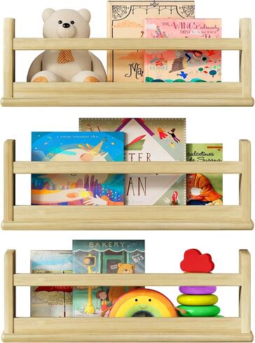 Wooden Wall Bookshelf for Kids Room, Natural Wood Floating Nursery Book Shelves for Baby Toddler Child Bedroom, Cute Wall Mount Bookshelves for Teen Girls Boys Closet Classroom Library in Saudi Arabia