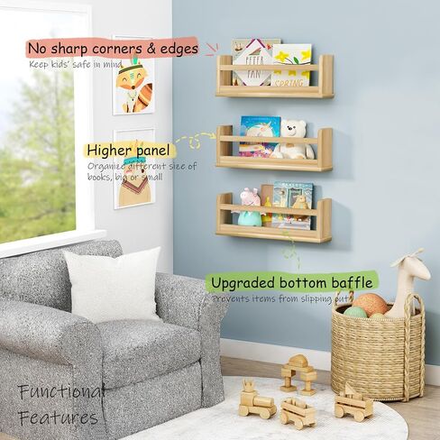 Wooden Wall Bookshelf for Kids Room, Natural Wood Floating Nursery Book Shelves for Baby Toddler Child Bedroom, Cute Wall Mount Bookshelves for Teen Girls Boys Closet Classroom Library in Saudi Arabia